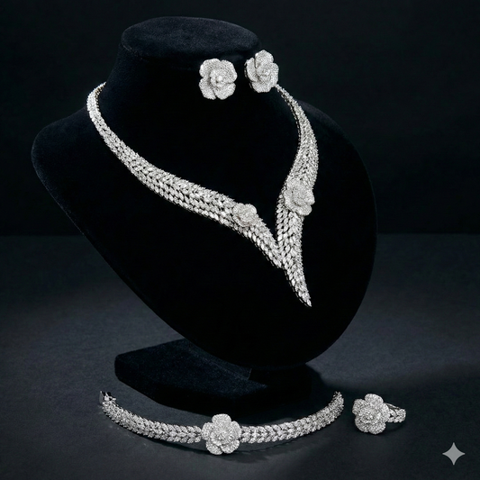 Joory Royal Bloom Luxury Bridal Full Set with Pave Zircons – 14K White Gold Plated