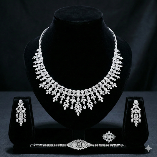 Joory Royal Fern Luxury Bridal Full Set with Mixed-Cut Zircon – 14K White Gold Plated