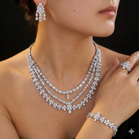 Joory Majestic Floral Layered Bridal Set – Platinum Plated with High Quality Zircon