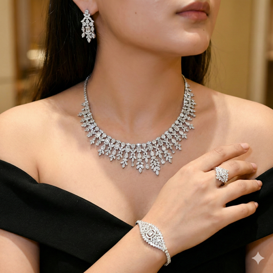 Joory Royal Fern Luxury Bridal Full Set with Mixed-Cut Zircon – 14K White Gold Plated