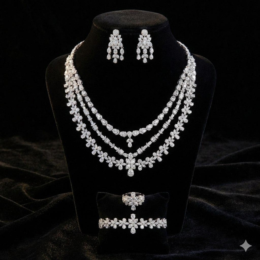 Joory Majestic Floral Layered Bridal Set – Platinum Plated with High Quality Zircon