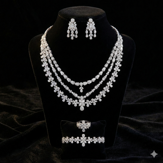Joory Majestic Floral Layered Bridal Set – Platinum Plated with High Quality Zircon