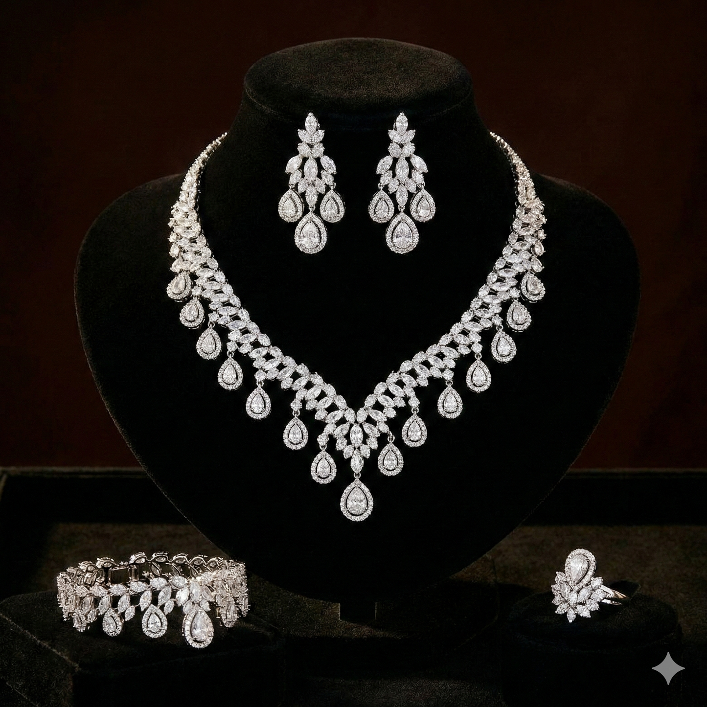 Joory Raindrop Luxury Bridal Full Set with High Quality Cubic Zirconia – 14K White Gold Plated