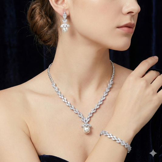 Joory Luminous Pearl & Zircon Luxury Set – Platinum Plated