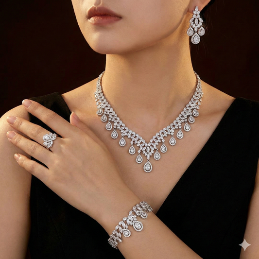Joory Raindrop Luxury Bridal Full Set with High Quality Cubic Zirconia – 14K White Gold Plated