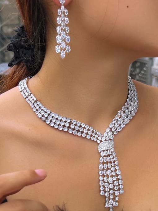Joory Diamond Tassel Statement Set – Platinum Plated with Fluid Zircon